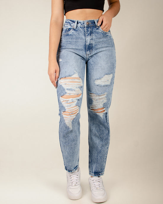 Mom Jeans Fit Mujer Mezclilla Stretch Roto Tiro Alto A01